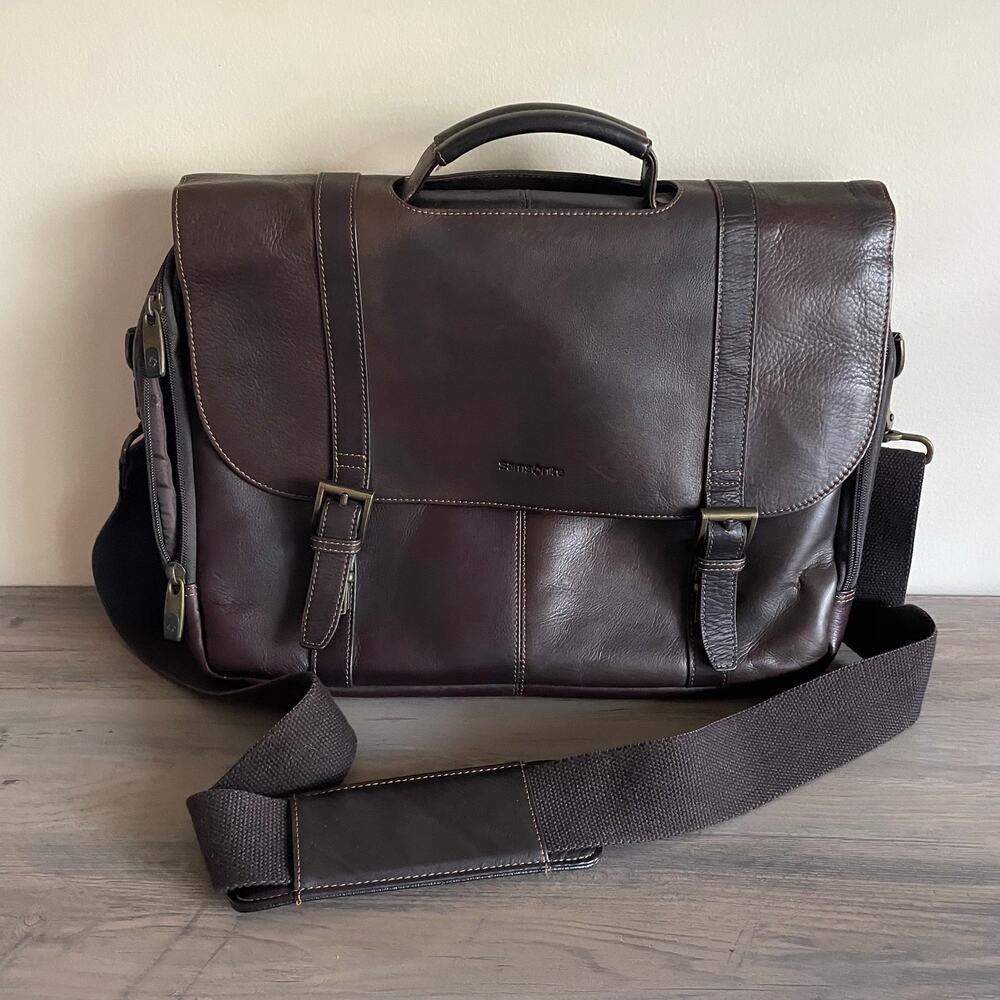 Samsonite Colombian Leather Flap Over Messenger Bag Brown Briefcase Laptop Bag